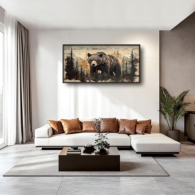 Cabin Wall Art for Living Room, Brown Bear Canvas Wall Decor, Large Wildlife Animal Pictures Framed Painting, Natural Landscape Artwork for Bedroom Office Home Decor 60L'' × 30W''