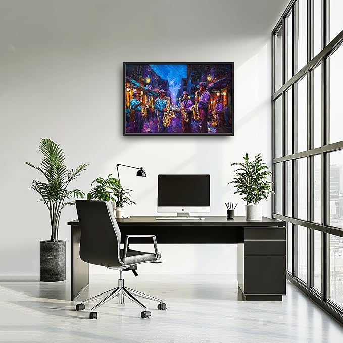 SweetFox Extra Large Banksy Jazz Music Framed Wall Art for Living Room, Jazz Band Banksy Pictures Oversized Wall Decor Abstract Canvas Painting Print Artworks for Bathroom Master Bedroom 36L X 24W