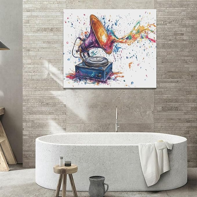 Fleruku Watercolor Phonograph Wall Art Colorful Phonograph Wall Decor Pictures Canvas Painting Artwork Home Decorations for Living Room Bedroom Bathroom Office Nursery Classroom 24"x20"