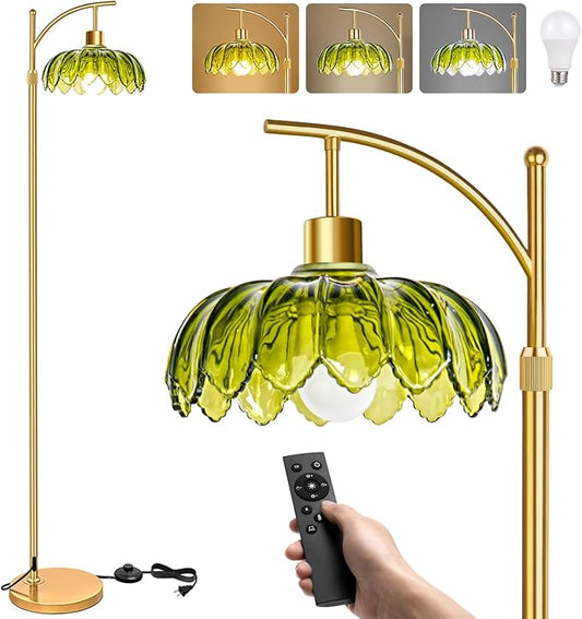 Arc Floor Lamp with Remote, Modern Gold Floor Lamps for Living Room, Dimmable LED Standing Lamp with 3 Color Temperature, Boho Retro Glass Flower Lamp, Tall Lamp for Bedroom Office Corner