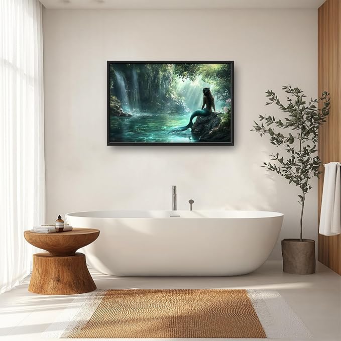 Mermaid Large Wall Art Forest Waterfall Mermaid Pictures Wall Decor Cabin Canvas Prints Painting Oversize Framed Artwork Home Decoration Above Bed for Bedroom Bathroom Living Room 36"x24"
