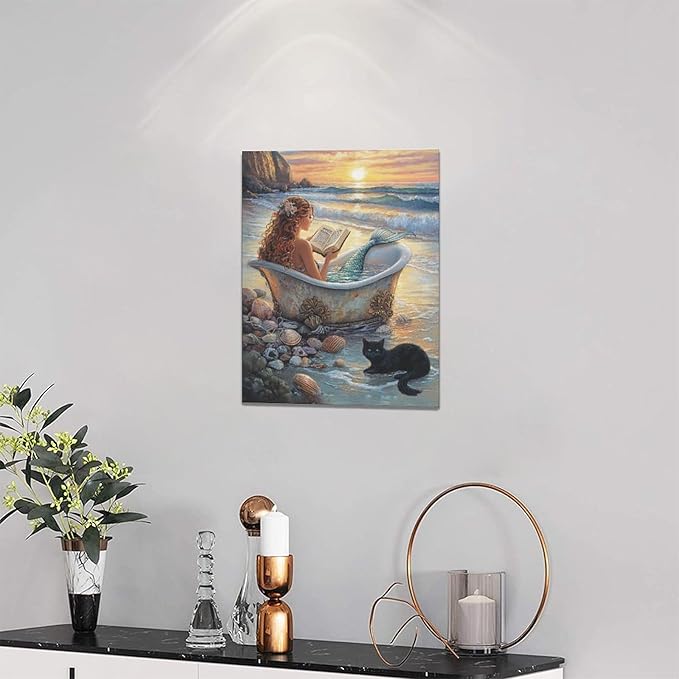 Mermaid Wall Art Beach Coastal Nautical Wall Decor Sunset Cat Pictures Canvas Painting Framed Artwork Home Decorations for Bathroom Living Room Bedroom Office 12"x16"