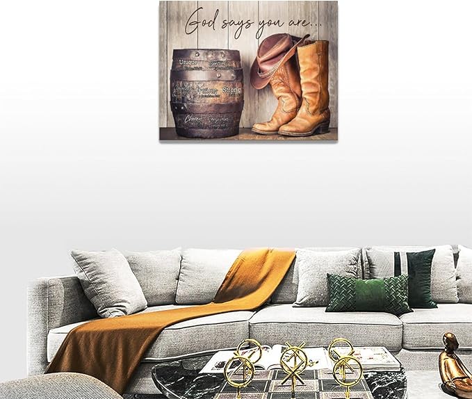 God says you are decor wall art western cowboy canvas Pictures cowboy boots Wall Decor Christian Canvas Prints Painting Framed Artwork for Bathroom living room Bedroom 16"x12"