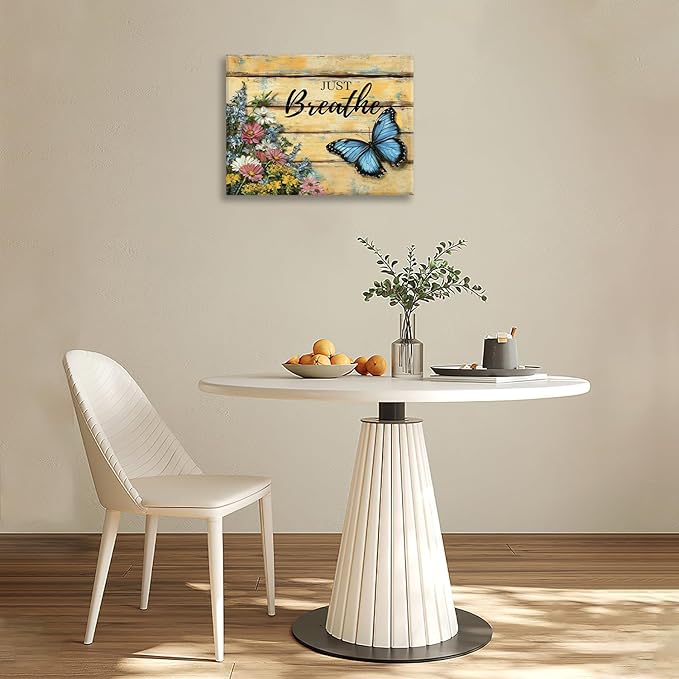 Olivine Butterfly Wall Art, Butterflies Flower Pictures Wall Decor, Just Breathe Painting, Vintage Farmhouse Canvas Prints, Framed Artwork for Living Room Bedroom Bathroom Kitchen Office Home 16"x12"