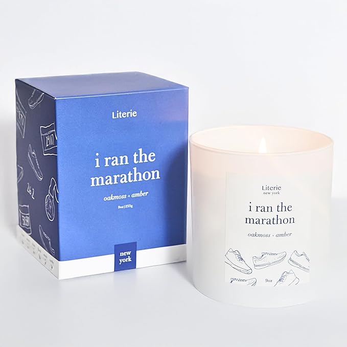 NYC Inspired Scented Candle: I Ran The Marathon - Oakmoss & Amber Scent, 9oz, 50 Hour Burn, Vegan Soy & Coconut Blend Candle for Home Decor, Gift for Women & Men
