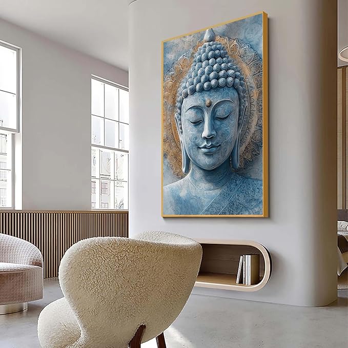 Xoxuldzhg Blue Buddha Painting Wall Art, Buddha Head Art Print, Mandala Wall Decor, Zen Canvas Art, Meditation Wall Decor, Religious Wall Art, Yoga Room Decor (Gold Framed, 24"Wx36"H/62x92cm)