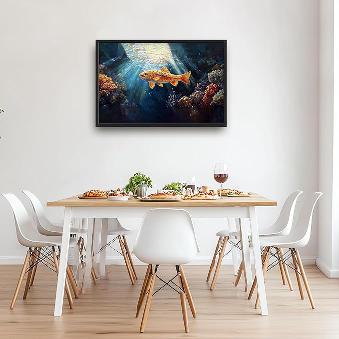 SweetFox Extra Large Ocean Fish Framed Wall Art for Living Room, Coastal Sea Fishing Pictures Oversized Wall Decor Abstract Big Canvas Painting Print Artworks for Bathroom Master Bedroom 36L X 24W