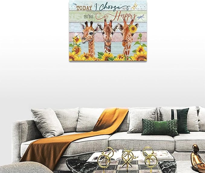 Giraffe Bathroom Decor Wall Art Sunflower Wall Decor Giraffe Canvas I Choose Happy Prints Painting Framed Artwork for Bathroom living room Bedroom 16"x12"