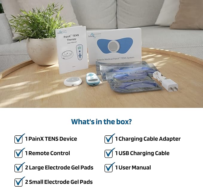 PainX TENS Wireless Tens Unit Muscle Stimulator with EMS - FSA Tens Unit for Back Pain, Knee, Neck and Face with USB Rechargeable Device and Remote, Designed in USA, 4 Electrode Pads