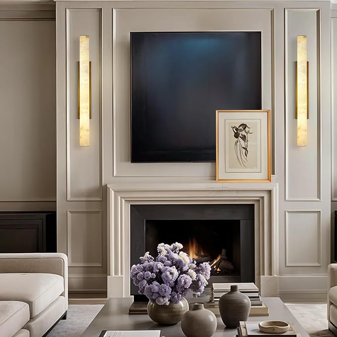 Brass Alabaster Wall Sconces, Spanish Natural Marble Wall Sconce, 36" Long Stone Wall Sconce Dimmable, Gold Alabaster Sconces Wall Lighting Indoor, Marble Wall Light for Bathroom, Living Room,Entryway