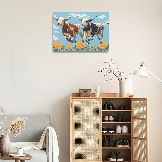Longhorn Wall Decor Funny Cow Canvas Wall Art Cute Cattle Pictures Painting Artwork Framed Decoration for Bedroom Bathroom Living Room Kitchen Dining Room Office 16"x24"