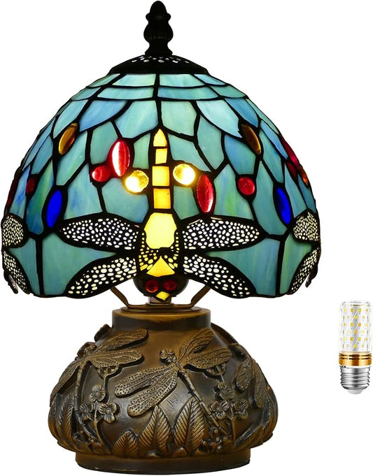 Small Tiffany Lamp Mini Stained Glass Table Lamp Mushroom Memory Sympathy Accent Lamp 8X11 Inch (Sea Blue Dragonfly Style)