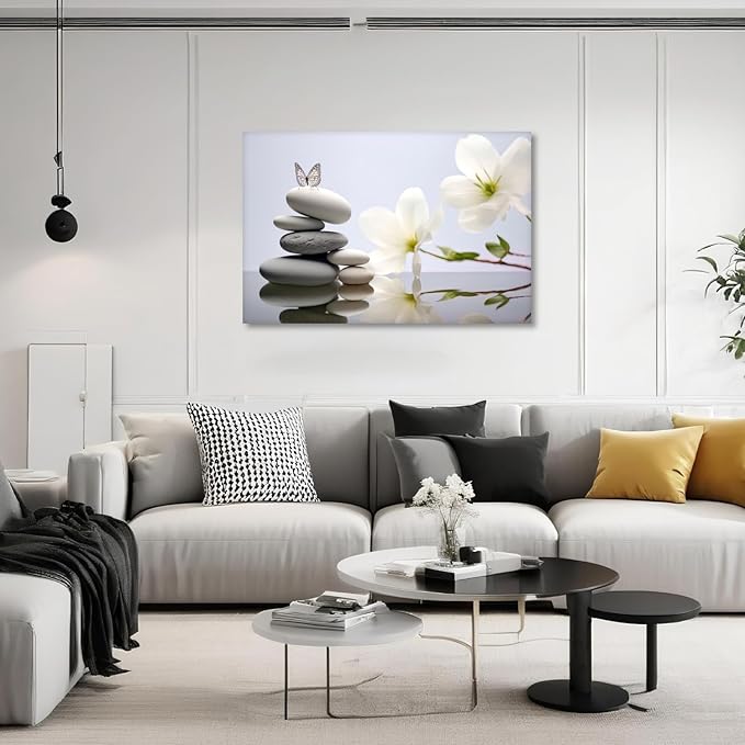 Zen Canvas Wall Art Lotus Picture Bathroom Wall Decor Blue Poster Spiritual Meditation Artwork Spa Stones Butterfly Prints for Yoga Room Home Decor Framed(Art-6,12.00x18.00 inch)