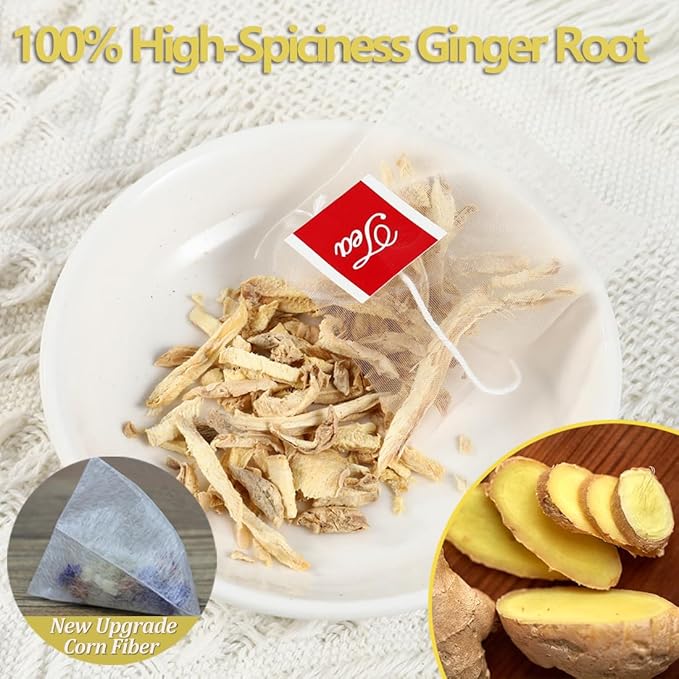 100 Premium Ginger Tea Bags/7.06 Oz, Made with 100% High-Spiciness Ginger Root, Full of Flavor & Spicy, Support Digestion & Boost Immunity, No Additives & Caffeine Free.