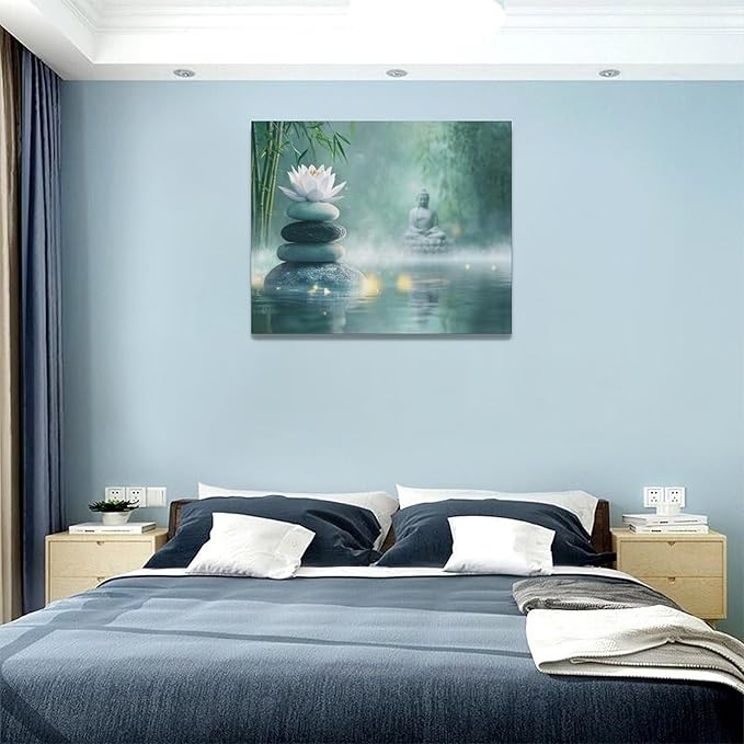 Olivine Zen Decor Wall Art, Lotus Pictures Wall Decor, Stones Flower Bloom Canvas Prints Painting, Framed Artwork for Meditation Bathroom Bedroom Living Room Office Home Decoration 20"x16"