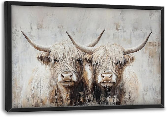 SweetFox Extra Large Highland Cow Framed Wall Art for Living Room, Farmhouse Highland Cattle Pictures Oversized Wall Decor Abstract Canvas Painting Print Artworks for Bathroom Bedroom 36L X 24W