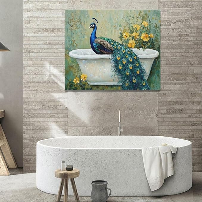 Fleruku Vintage Peacock Wall Art Elegance Bathroom Wall Decor Green Peacock Pictures Canvas Painting Artwork Home Decorations for Living Room Bedroom Office 24"x20"