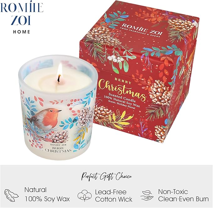 Christmas Scented Jar Candle - 6oz Soy Wax Candle - Berry Christmas Infused with Holiday Floral Aroma - with Beautiful Keepsake Box Special for Christmas/Holiday Gifts