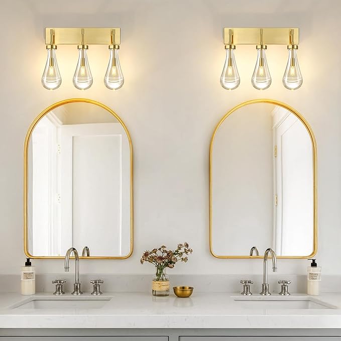 Raindrop Wall Sconces Gold Crystal Sconces Wall Decor Modern Brass Lighting Glass Bathroom Sconces Indoor Vanity Light Wall Lamp for Bedroom Living Room Stair(3-Light)