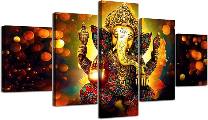 Large 5 Panel Hindu God Ganesha Wall Art - Traditional Indian Canvas Prints for Home Decor (60x32 Inch, Framed)