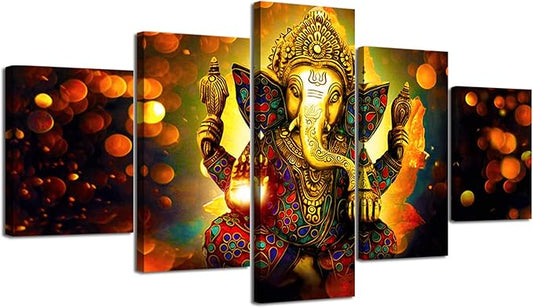 Large 5 Panel Hindu God Ganesha Wall Art - Traditional Indian Canvas Prints for Home Decor (60x32 Inch, Framed)