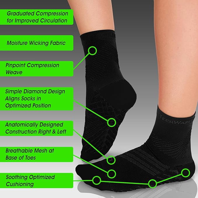 TechWare Pro Plantar Fasciitis Socks – Cushion Ankle Compression Socks Women & Men. Achilles Tendonitis Brace & Arch Support