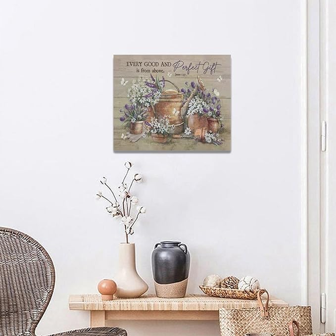 Country Bathroom Flower Wall Art Farmhouse Lavender Wall Decor Rustic Scripture Sign Canvas Painting Artwork Home Decorations for Man Teenager Office Bedroom Living Room Bathroom 20"x16"