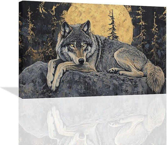 Wolf Large Wall Art Wolf Moon Pictures Wall Decor Wildlife Animal Canvas Painting Modern Artwork Home Decoration for Bathroom Office Living Room Bedroom Framed 60"x30"