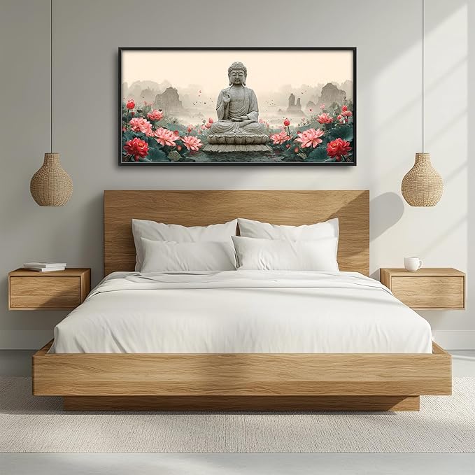 Glocmna Large Buddha Wall Art for Living Room Zen Buddha Lotus Canvas Wall Decor Big Meditation Pictures Painting Print Framed Artwork Decorations Gifts for Bedroom Home Spa Yoga Room Office Hotel 30"x60"