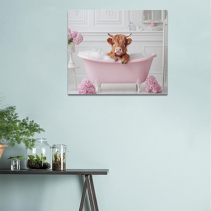 Bathroom Cow Wall Art Highland Cow Wall Decor Pink Pictures Canvas Painting Framed Artwork Home Decorations for Toilet Lavatory Living Room Bedroom 24"x20"