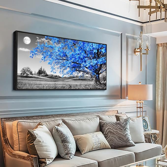 Framed Canvas Wall Art For Living Room Large Size Wall Decor For Bedroom Black And White Wall Pictures Blue Moon Tree Scenery Wall Painting Office Decor Room Home Decoration Black Framed 30" X 60"