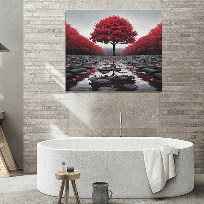 Black And Red Tree Wall Art Zen Stone Canvas Prints Pictures Large Red Tree Forest Landscape Wall Decor Modern Framed Artwork for Living Room Bedroom Office Spa Yoga 24"x20"