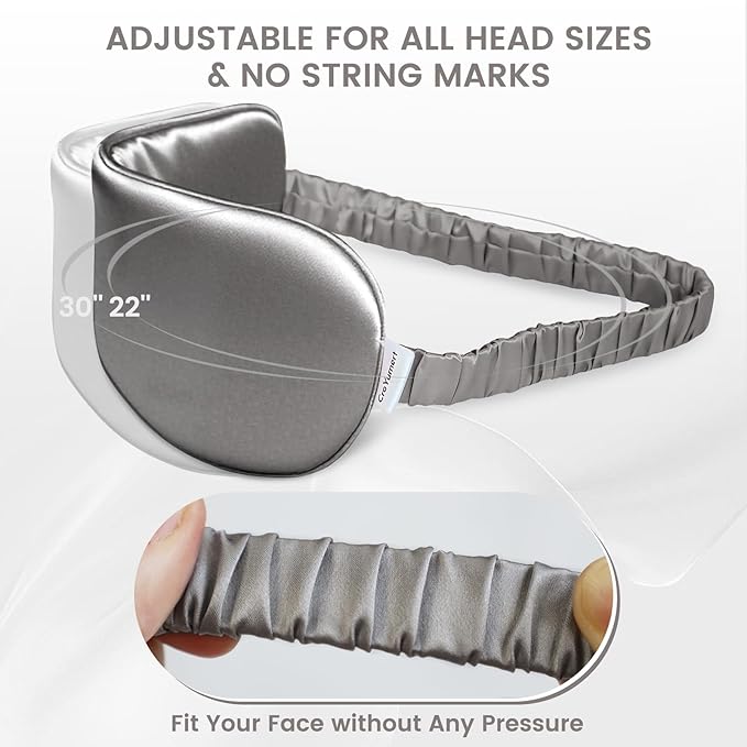 Pure 22 Momme 6A Grade Mulberry Silk Sleep Mask for Side Sleepers - 100% Blackout Eye Mask with Travel Pouch (Grey)