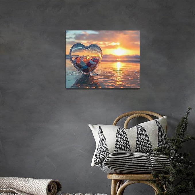 Fleruku Beach Sunset Wall Art Ocean Coastline Wall Decor Natural Scenery Pictures Canvas Painting Artwork Home Decorations for Living Room Bedroom Bathroom Office 16"x12"