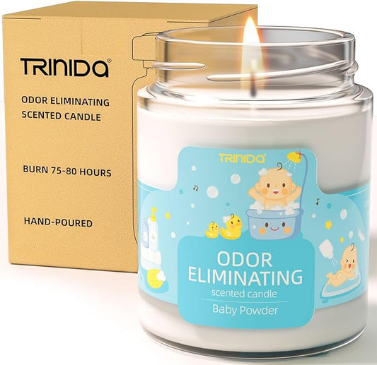 TRINIDa Baby Powder Odor Eliminating Candles for Home Scented, Eliminates 99% of Pet, Smoke, Food and Other Smells Quickly, Highly Fragranced Candle, Premium Soy Candles Set for Women