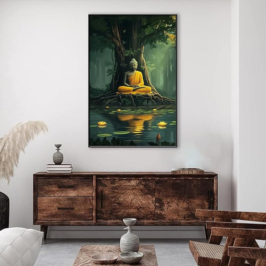 Buddha Canvas Wall Art, Buddha in the Green Jungle Painting Print Poster, Zen Statue Art Pictures Artwork, Meditation Buddhism Wall Decor for Yoga Room, Living Room (Black Framed, 24x36in|62x92cm)