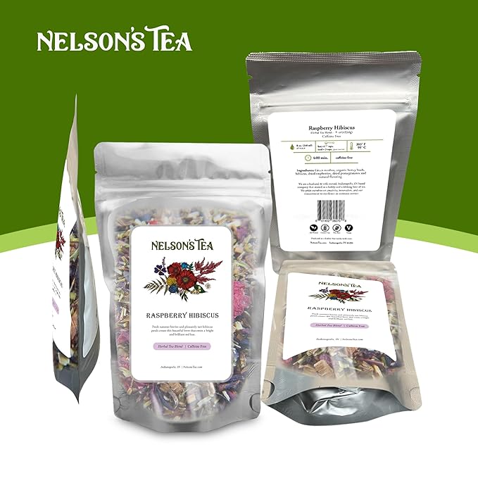 Nelson's Tea Raspberry Hibiscus Tea - Caffeine Free, Cut & Sifted Green Rooibos, Honeybush, Dried Raspberries, Acai, and Pomegranate Loose Leaf (4 oz)