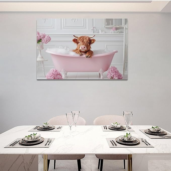 Bathroom Cow Wall Art Highland Cow Wall Decor Pink Pictures Canvas Painting Framed Artwork Home Decorations for Toilet Lavatory Living Room Bedroom 24"x16"