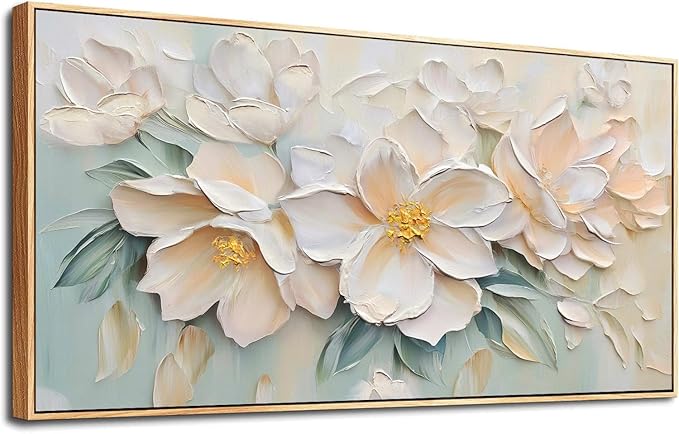 Anolyfi White Textured Flowers Canvas Wall Art for Living Room, Modern Aesthetic Abstract Sage Pink Florals Picture Painting, Large Artwork for Hallway Bedroom Office Home Decor, Wood Framed 48"x24"