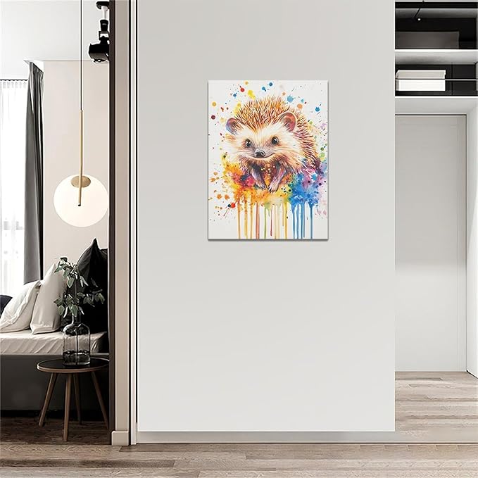 Fleruku Watercolor Hedgehog Wall Art Colorful Hedgehog Wall Decor Cute Animal Pictures Canvas Painting Artwork Home Decorations for Living Room Bedroom Bathroom Office Nursery Classroom 12"x16"