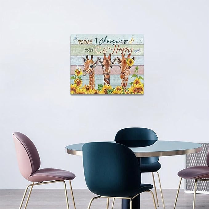Giraffe Bathroom Decor Wall Art Sunflower Wall Decor Giraffe Canvas I Choose Happy Prints Painting Framed Artwork for Bathroom living room Bedroom 20"x16"