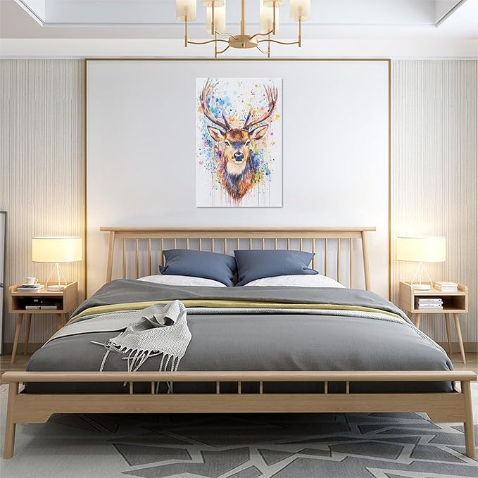 Fleruku Watercolor Deer Wall Art Colorful Elk Wall Decor Antlers Pictures Animal Canvas Painting Artwork Home Decorations for Living Room Bedroom Bathroom Office Nursery Classroom 16"x24"