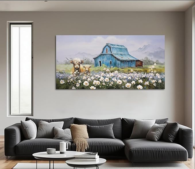 Anolyfi Barn Farmhouse Canvas Wall Art for Living Room, Highland Cow Picture and Country Chic Landscape Farm Painting Turquoise Artwork Framed Bedroom Bathroom Office Hallway Home Decor 40"x20"