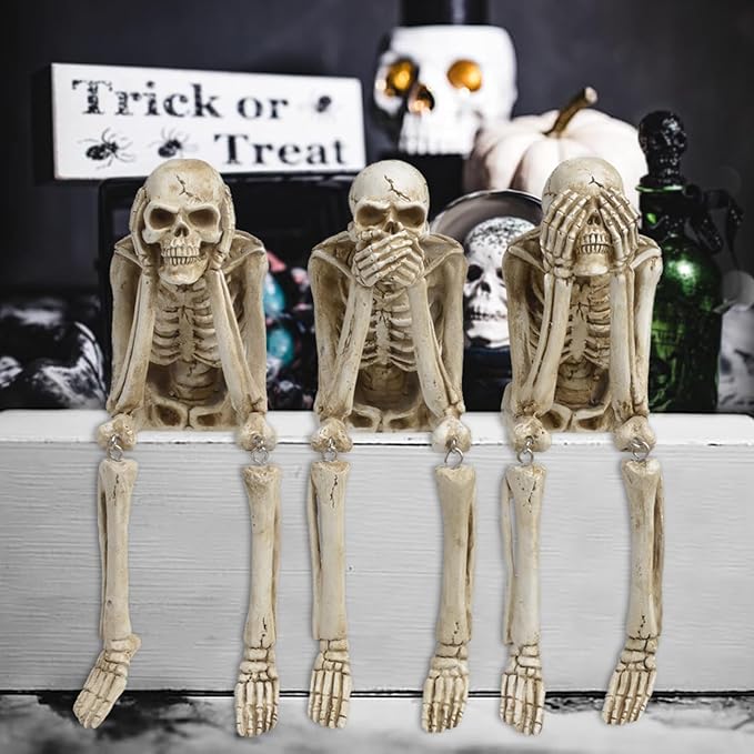 Newman House Studio Halloween Statues No-Evil Skeleton Collectible-Figurines - Realistic Skull Decorations See Speak Hear No Evil Home Decor Set of 3, 2.3L x 4W x 4.3H inch