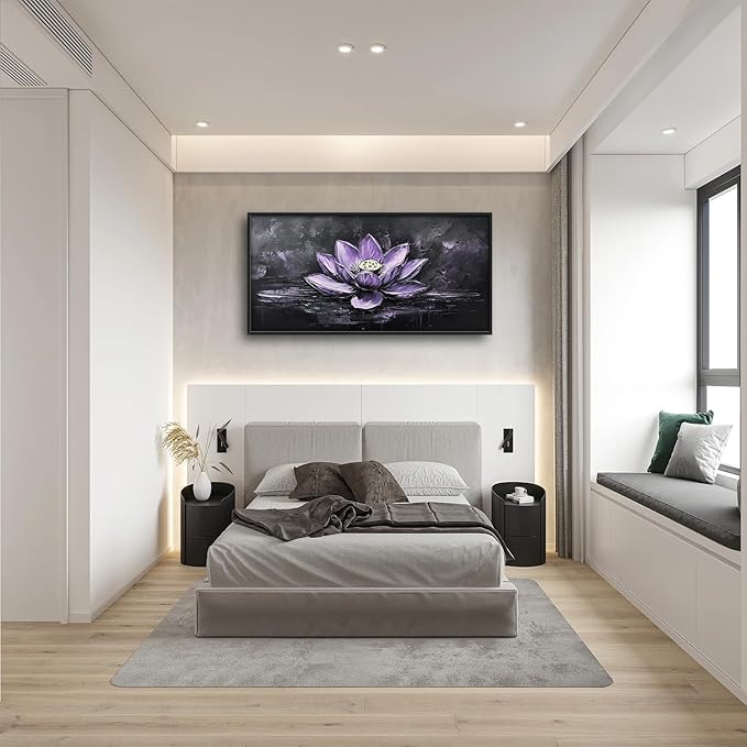 Kylora Lotus Wall Art Purple Lotus Flower Pictures Wall Decor Zen Meditation Large Master Over Above Bed Canvas Prints Horizontal Modern Artwork Painting Home Office Decorations For Bedroom 30"x60"