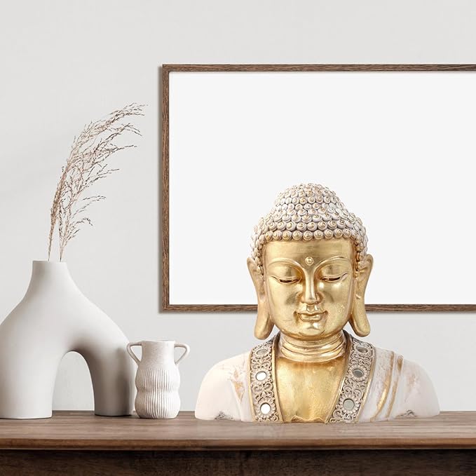 Buddha Head Statue Gold 9.5",Buddha Statues for Zen Decor Spiritual Relaxation,Meditation or Shrine- Decor -Buda– Indoor Buddha Gift for Living Room Table Office Home Decor