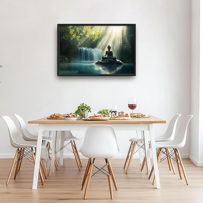 SweetFox Extra Large Buddha Framed Wall Art for Living Room, Zen Buddha Statue Pictures Oversized Wall Decor Forest Waterfall Big Canvas Painting Print Artwork for Bathroom Master Bedroom 36L X 24W