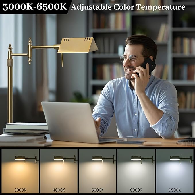 Dimmable Pharmacy Floor Lamp with Remote, 15W LED Reading Floor Lamp with 360°Swing Arm, 3 Color Temperature, Height Adjustable Gold Standing Task Lamp for Living Room, Bedroom, Office, Antique Brass