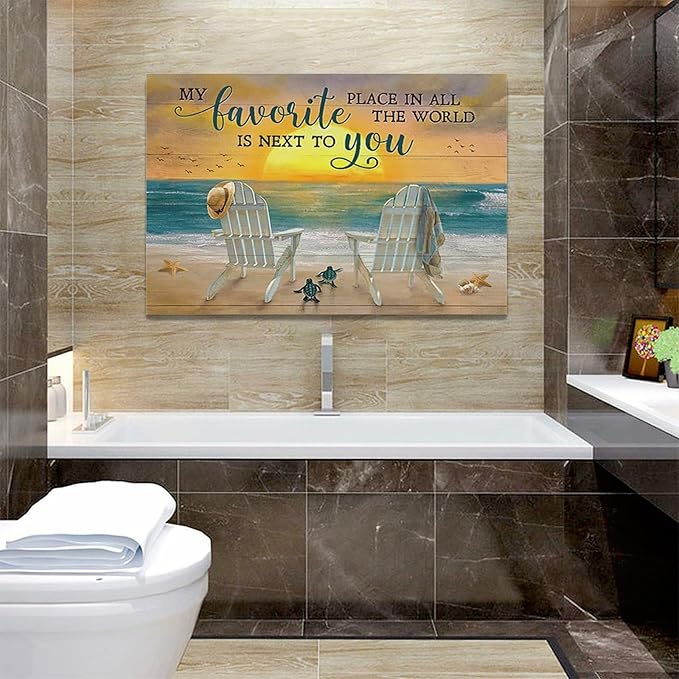 Fleruku Beach Wall Art Ocean Coastal Wall Decor Nautical Sunrise Sunset Sea Turtles Pictures Canvas Painting Artwork Home Decorations for Living Room Bedroom Bathroom Office 24"x16"
