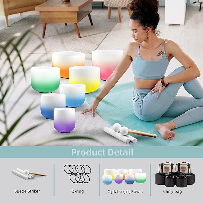 Ryan Dvan 432Hz 7"-12" Set of 7 Crystal Singing Bowl Set – Gradient Color Quartz Bowls for Chakra Healing, Meditation, Sound Bath & Yoga.Sound Therapy Tools with Suede Mallets & O-Rings.